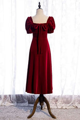 Girl Dress, Burgundy Square Neck Puff Sleeves Bow Tie Back Tea Length Formal Dress with Buttons